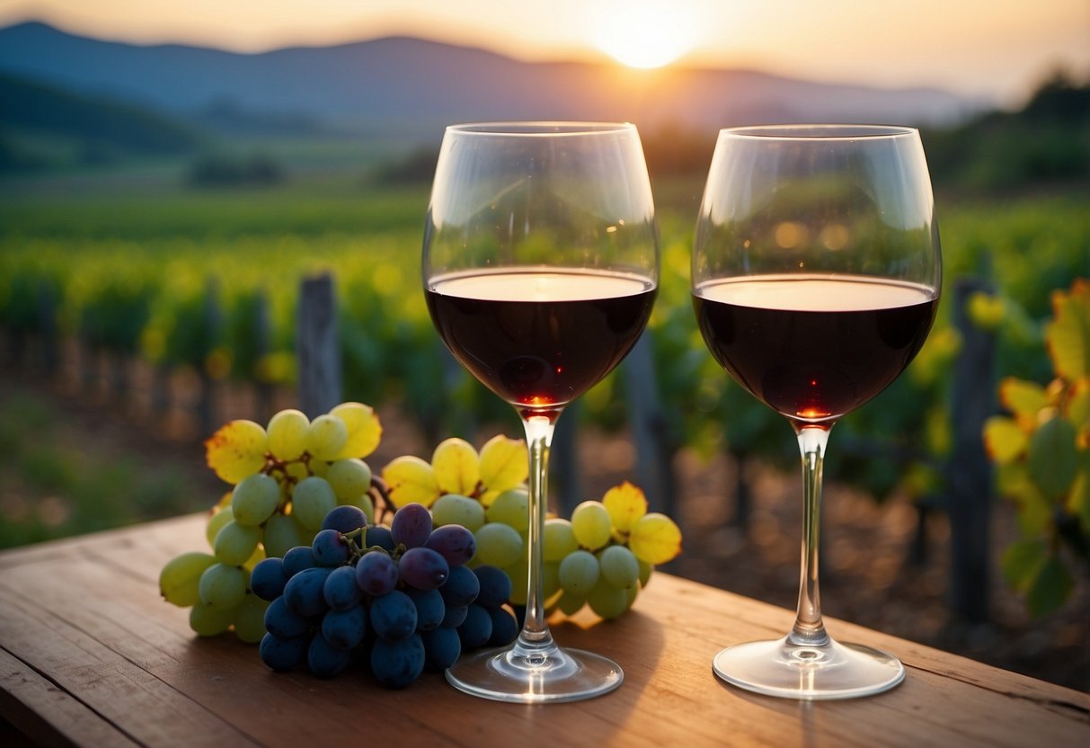 A cozy vineyard setting with two wine glasses clinking, surrounded by lush grapevines and a romantic sunset backdrop