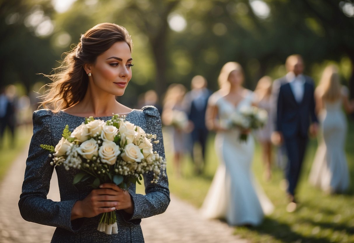 A lone figure carries a bouquet, walking down the aisle