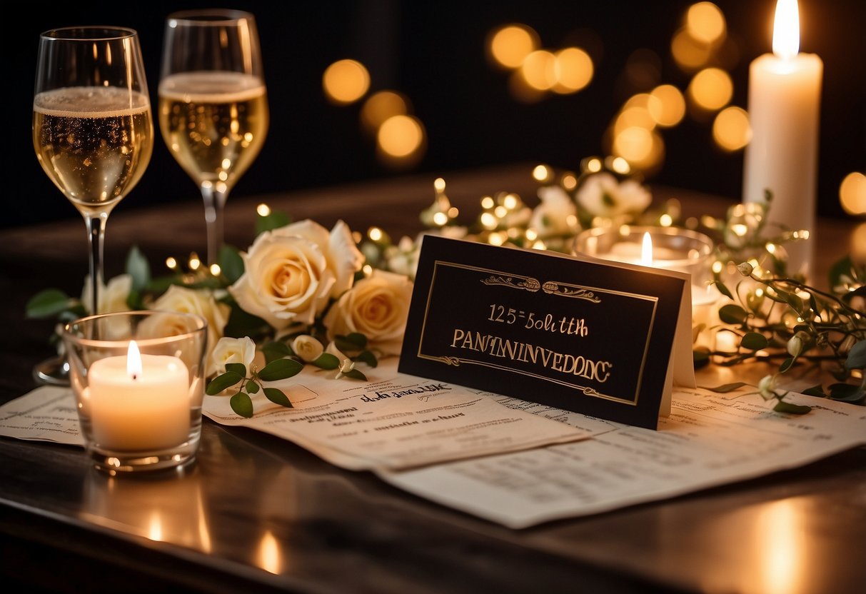 Two concert tickets and a decorative "12th wedding anniversary" sign on a table with champagne glasses and a romantic candlelit ambiance