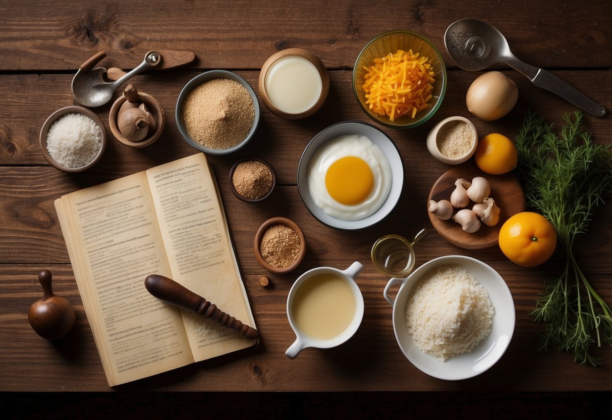 A cozy kitchen setting with two sets of cooking utensils and ingredients laid out on a wooden countertop. A recipe book open to a page with a heart-shaped dish