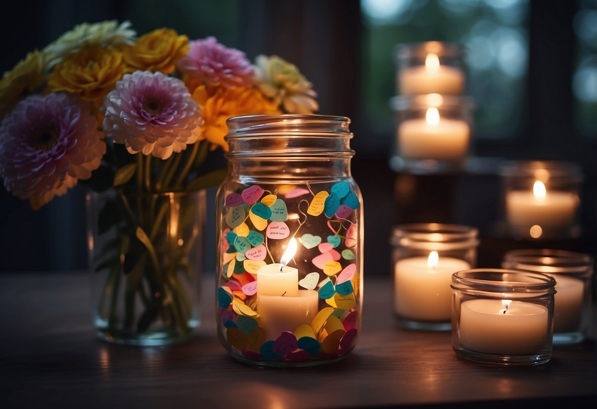 A glass jar filled with colorful love notes, surrounded by candles and flowers, symbolizing 12th wedding anniversary celebration