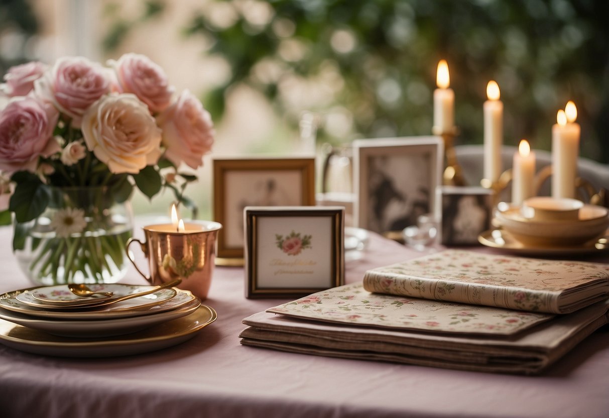 A table set with a scrapbook, photos, ribbons, and decorative papers. A vase of flowers and a candle add a romantic touch