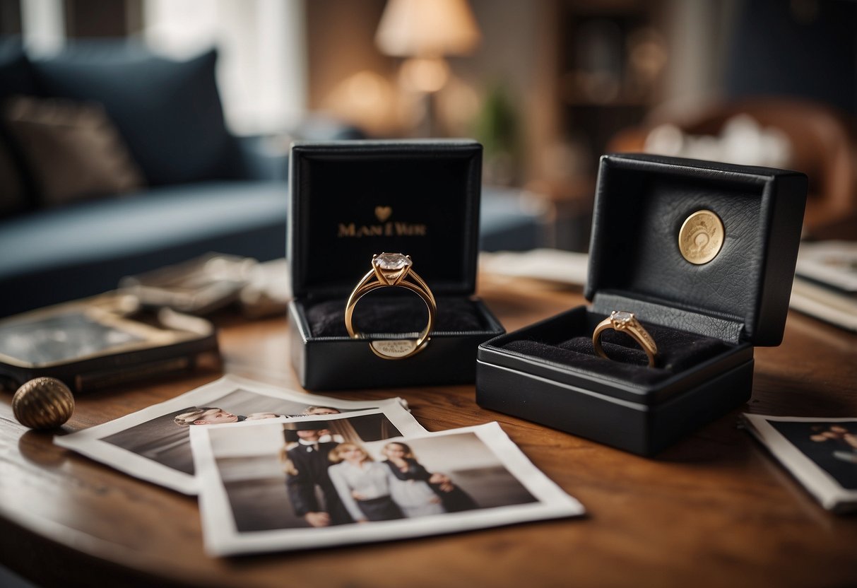 A couple sitting in a cozy living room, surrounded by photos and mementos of their time together. A ring box sits on the table, hinting at the question looming in the air