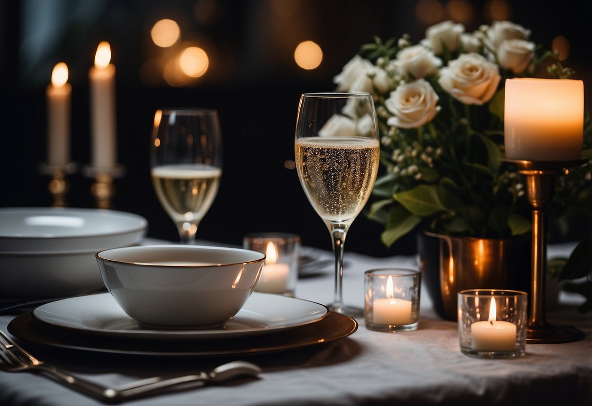 A beautifully set table with elegant dinnerware, a bouquet of fresh flowers, and a bottle of champagne chilling in a bucket. Subtle candlelight creates a romantic ambiance