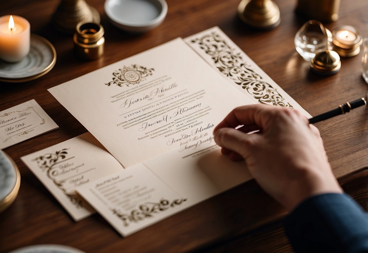 A hand holding a calligraphy pen addresses elegant wedding invitations with a list of names and addresses on a table with decorative stamps and seals