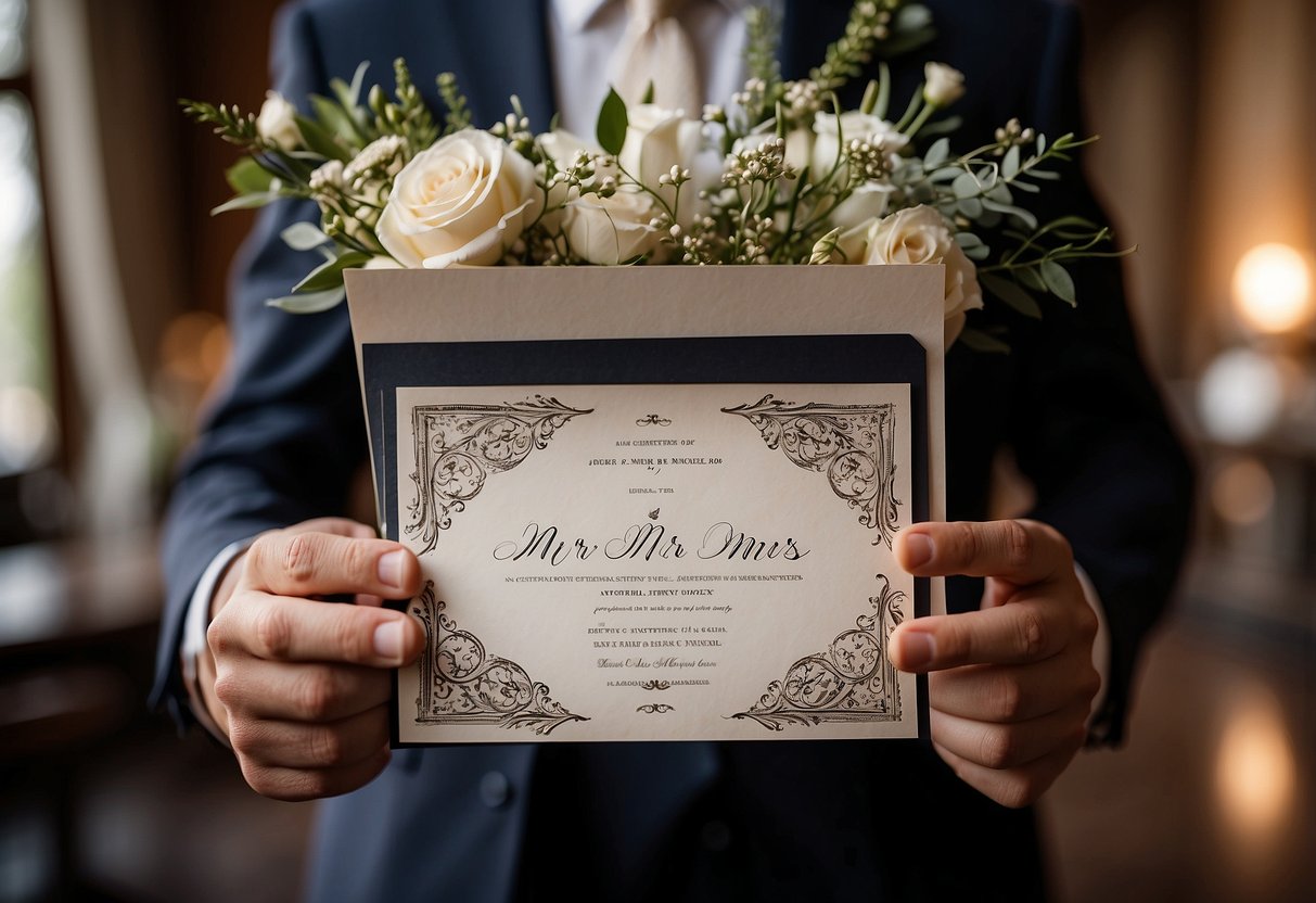 A hand holding a formal wedding invitation with elegant calligraphy and a decorative border, surrounded by a selection of formal titles such as Mr., Mrs., Dr., and other honorifics