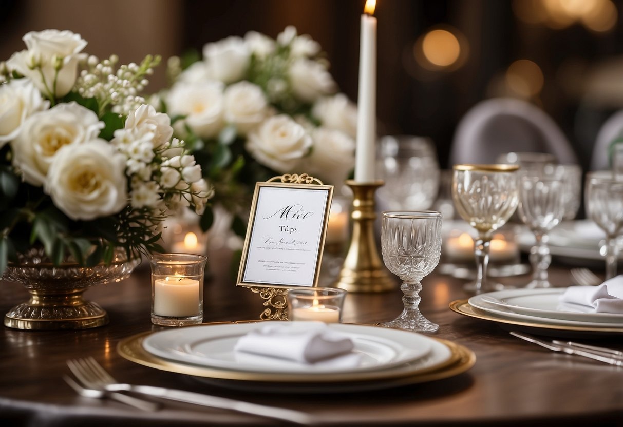 A table set with elegant stationery, displaying examples of wedding invitations. A sign reads "Middle Names Tips" in calligraphy