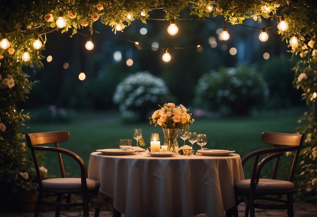 A romantic dinner under the stars with fairy lights and a table set for two, surrounded by lush greenery and blooming flowers