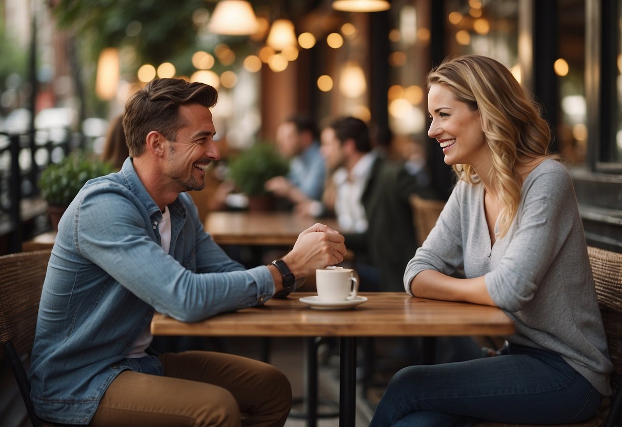 A couple discusses engagement, sitting across from each other at a cozy cafe table. They gesture and talk earnestly, their expressions showing a mix of excitement and apprehension