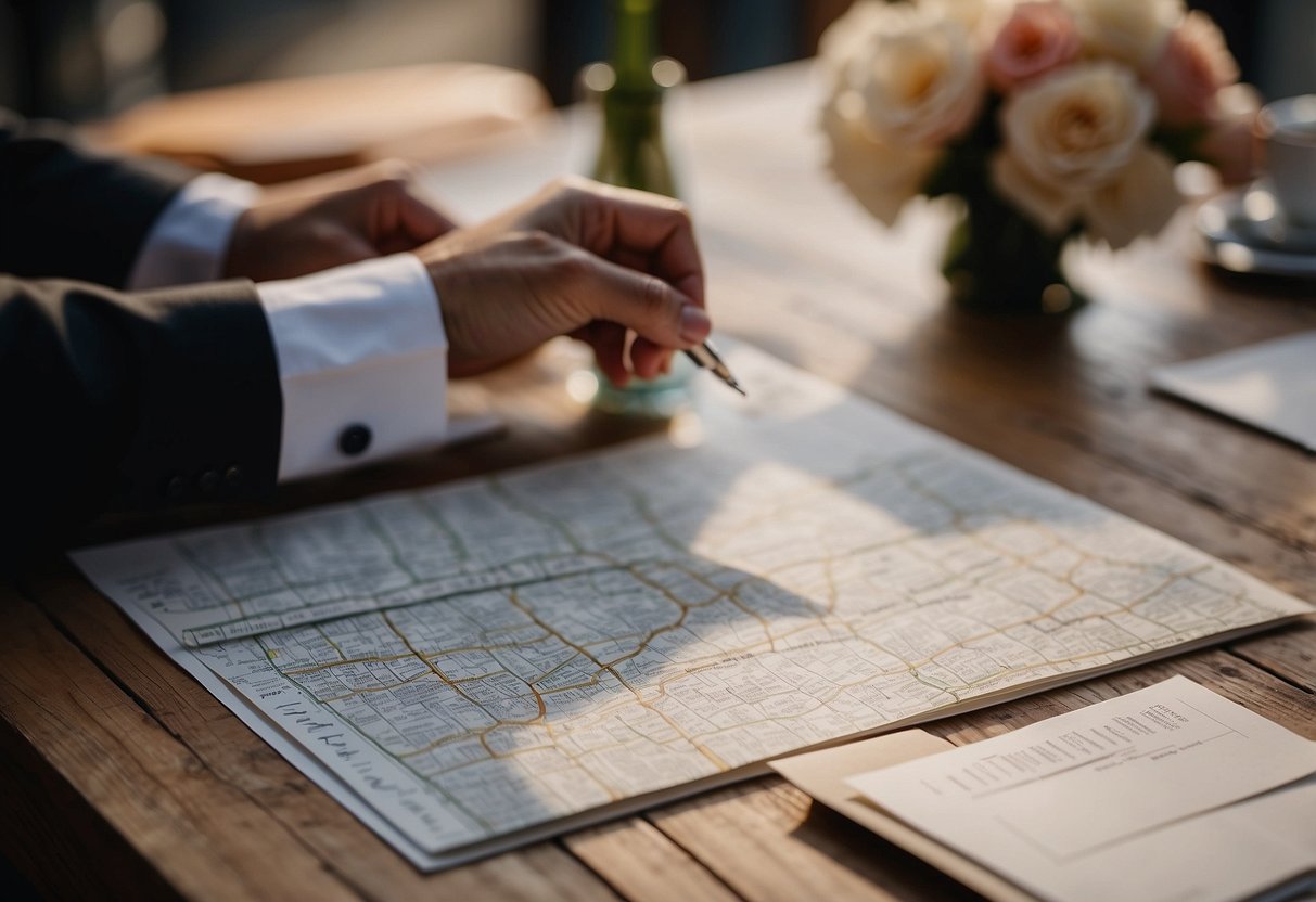 A calligrapher hand-addresses wedding invitations on a desk with street maps spread out for reference