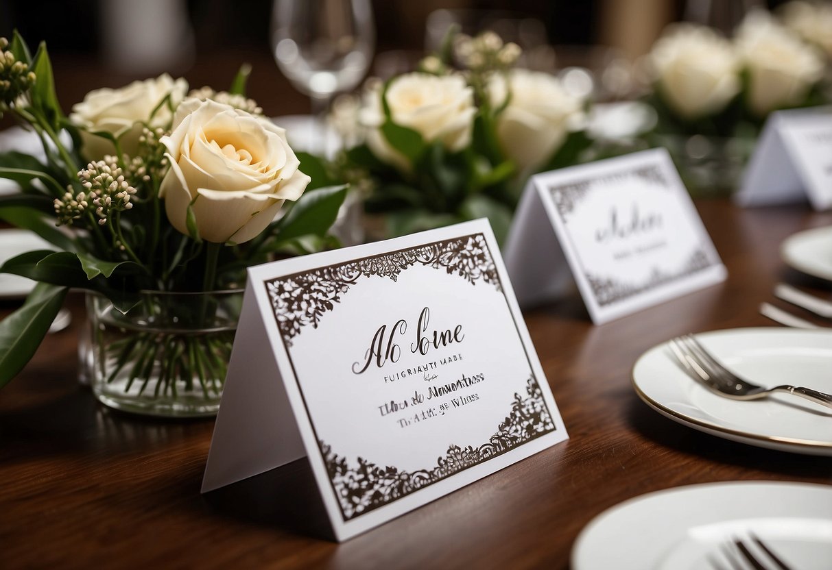 A table with neatly arranged state name cards for wedding invitations