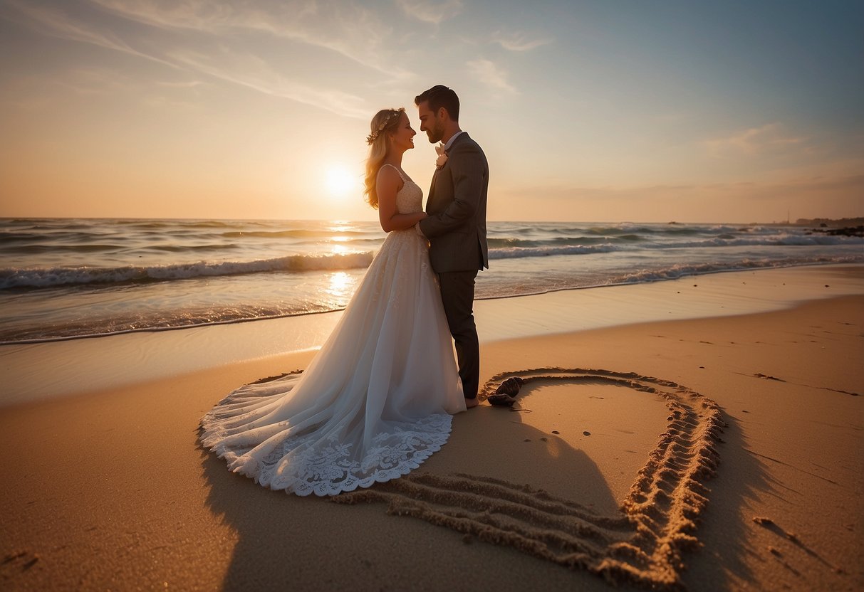 A couple's favorite wedding photo on a sandy beach at sunset, with a heart drawn in the sand and their names inside