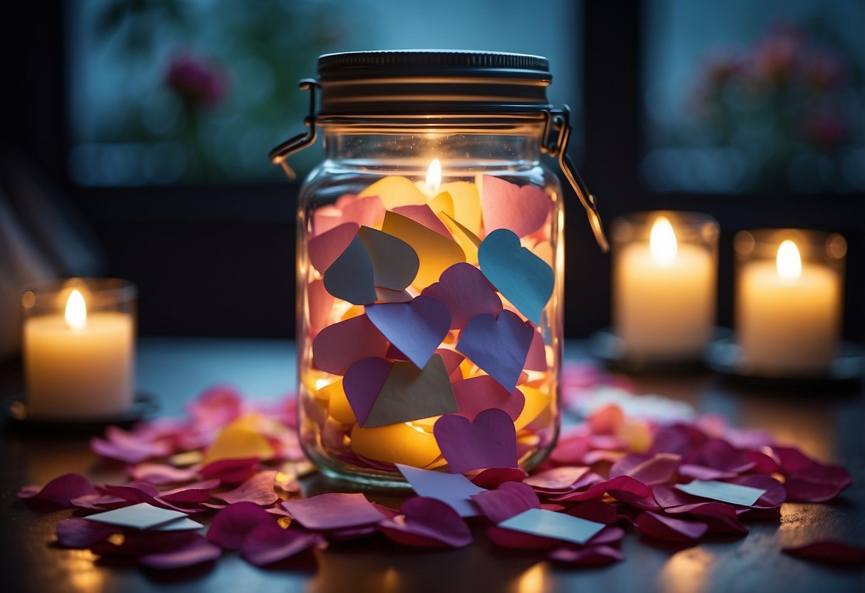 A glass jar filled with colorful love notes, surrounded by rose petals and candlelight