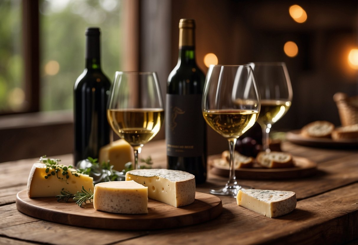 A cozy table set with wine glasses, bottles, and cheese. Soft lighting and a rustic backdrop create a warm and intimate atmosphere for a private wine tasting experience