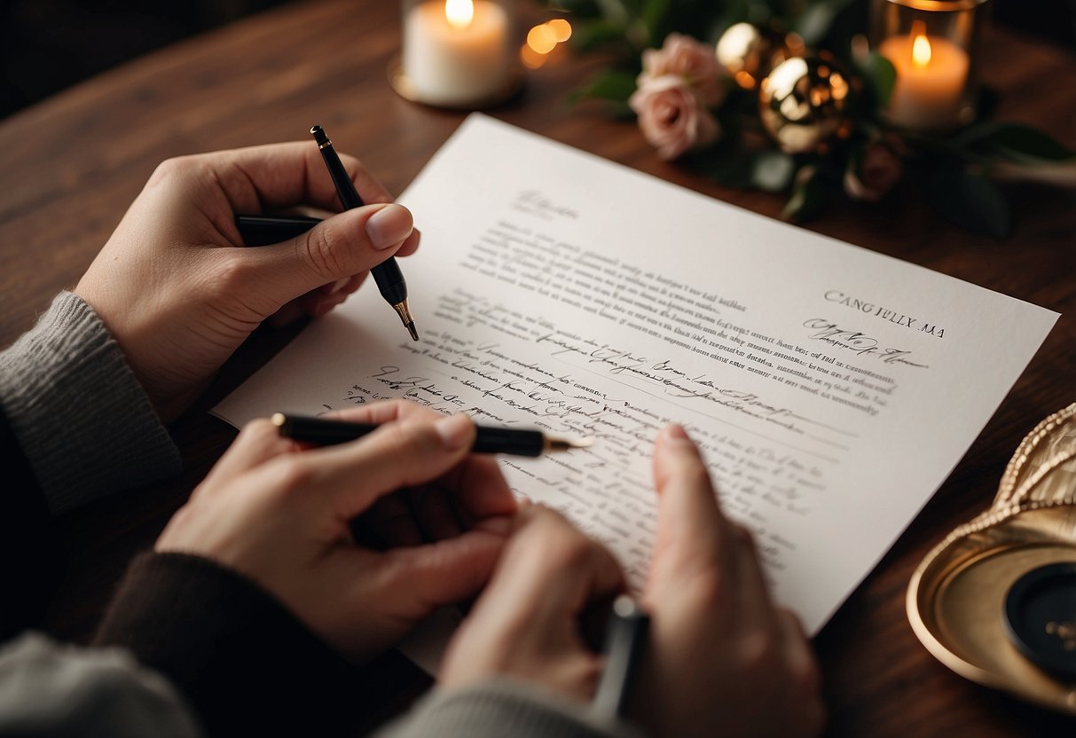 An elegant hand holding a calligraphy pen, addressing wedding invitations with a checklist of spelling tips nearby