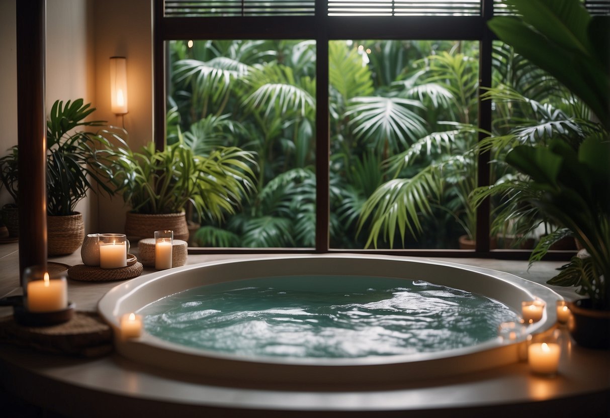 A serene spa room with soft lighting, plush robes, and a bubbling hot tub surrounded by tropical plants and soothing music