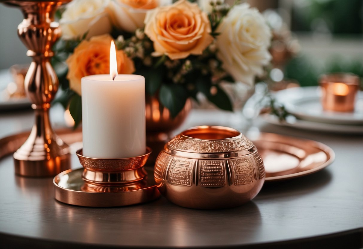 A beautifully set table with a bouquet of copper-colored roses, a vintage copper vase, and a pair of elegant copper candle holders