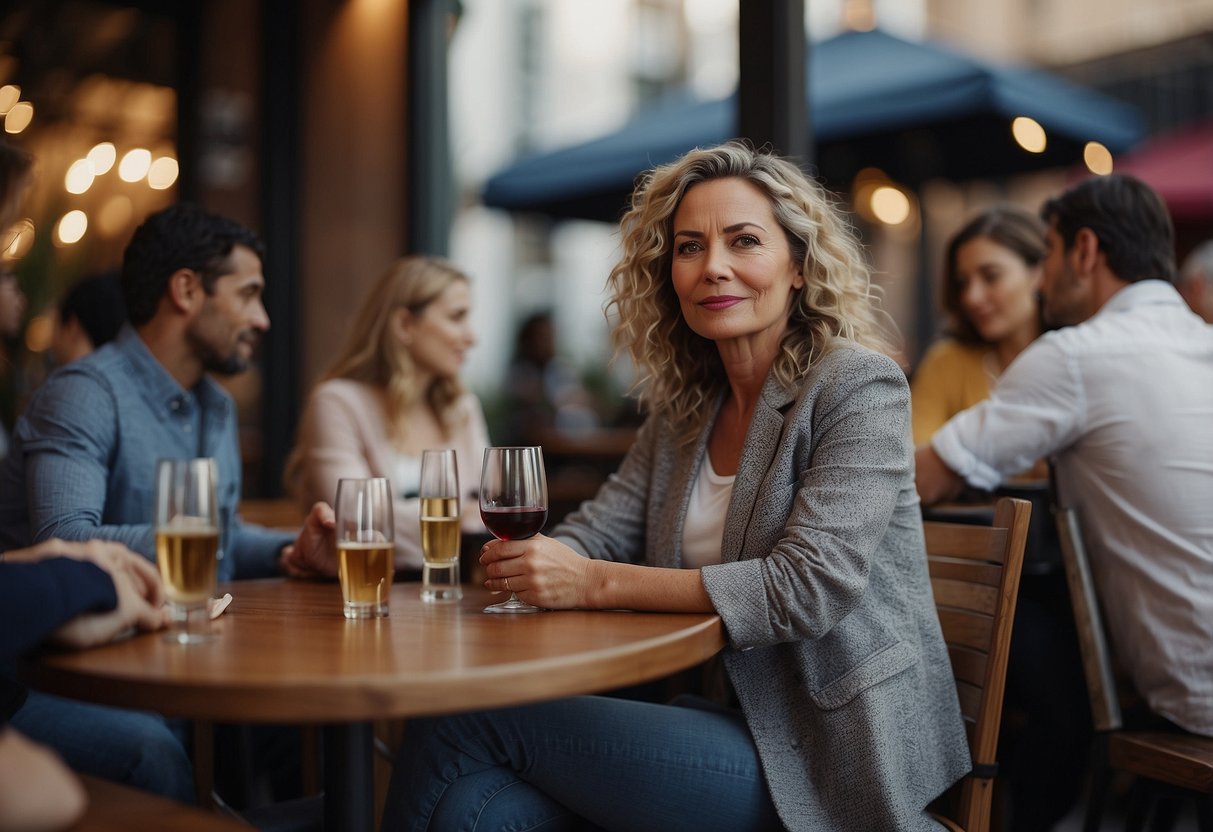 A 40-year-old woman sits at a cafe, surrounded by diverse couples. She looks contemplative, holding a glass of wine. The atmosphere is relaxed and sophisticated