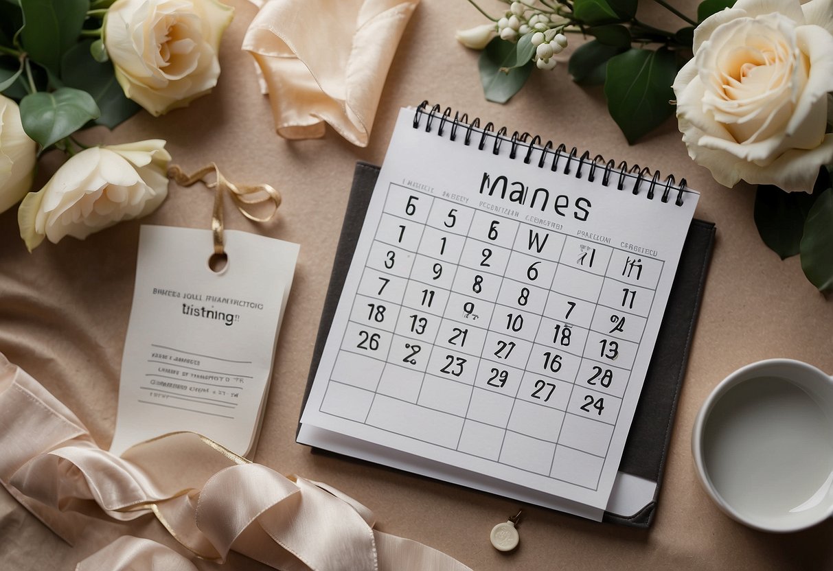 A calendar with "3 weeks before the wedding" written on it, surrounded by checklists, invitations, and a dress swatch