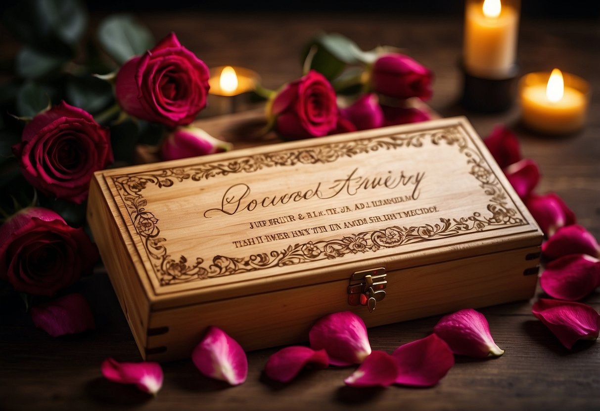 A couple's names engraved on a wooden wine box, surrounded by rose petals and candlelight, with a personalized anniversary message on a handwritten card