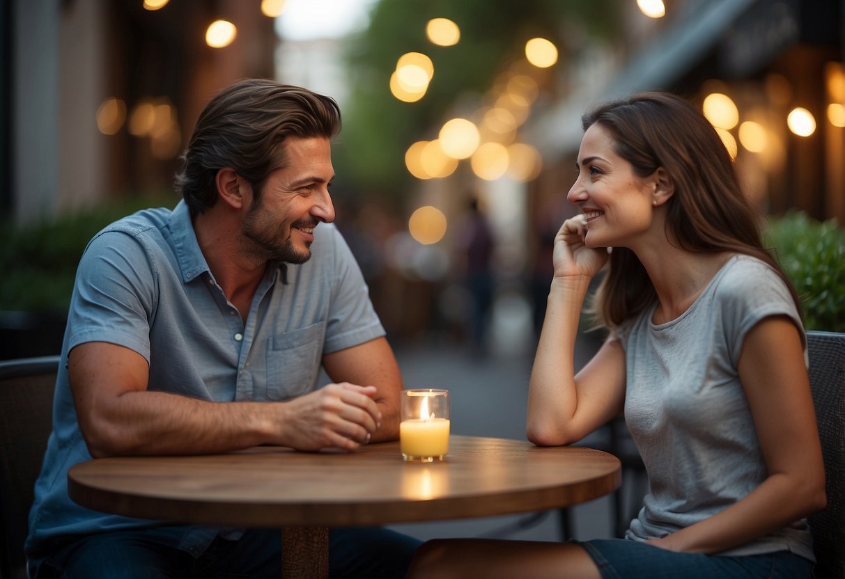 A couple sitting at a table, engaged in a deep conversation, with a warm and comfortable atmosphere