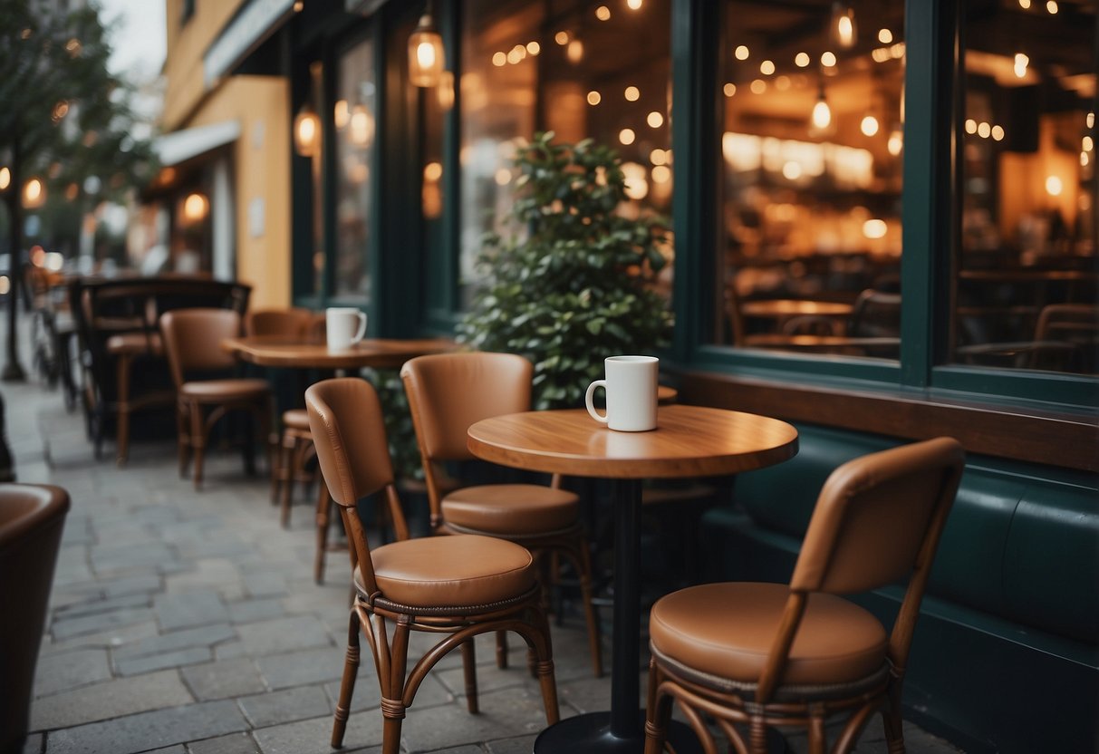 A cozy coffee shop with two empty chairs facing each other, a small table in between. The atmosphere is warm and inviting, with soft lighting and a relaxed ambiance