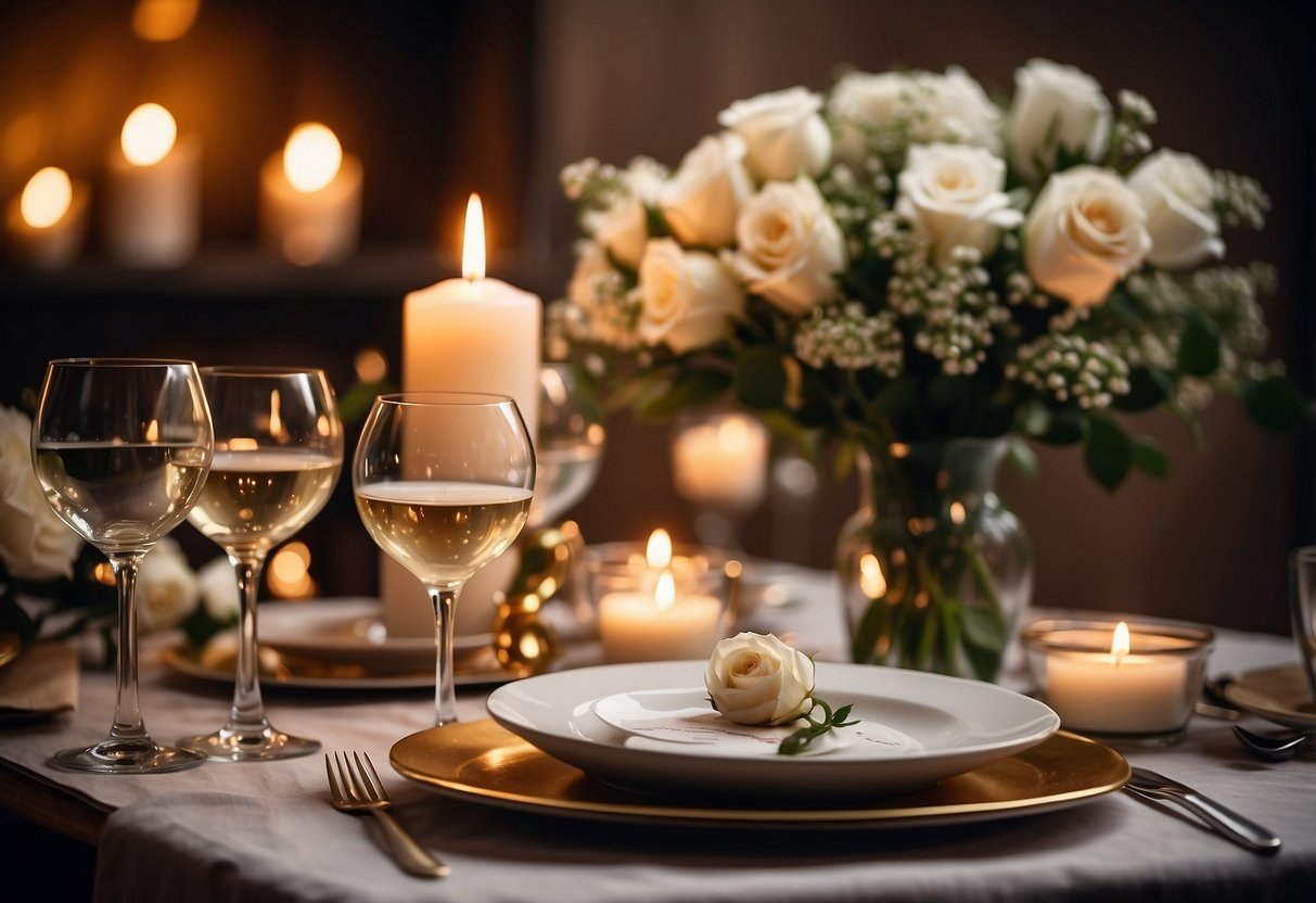 A table set with elegant dinnerware, surrounded by romantic candles and a bouquet of flowers. A calendar showing the date of the 7th wedding anniversary