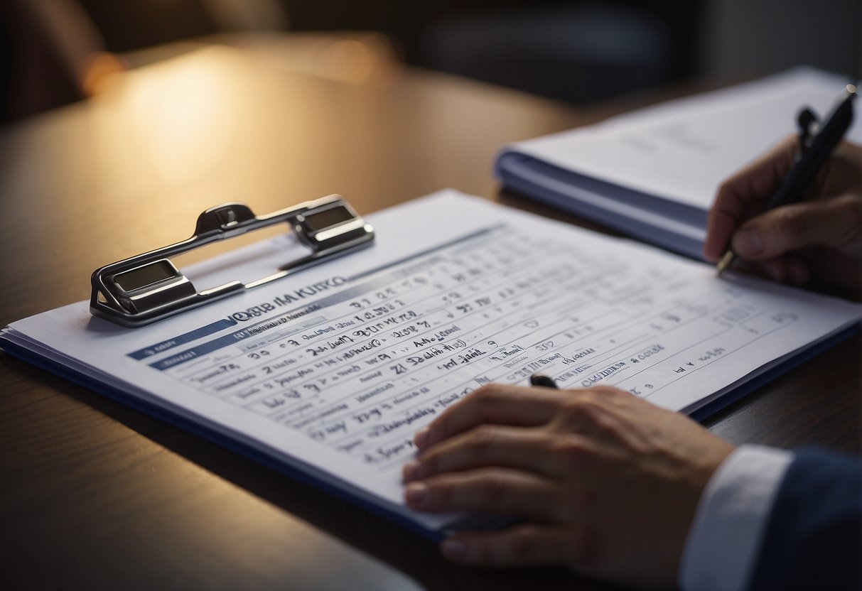 A person checking a clipboard with a pen in hand, looking at a list of names and numbers, with a calendar in the background showing the date three weeks before a wedding