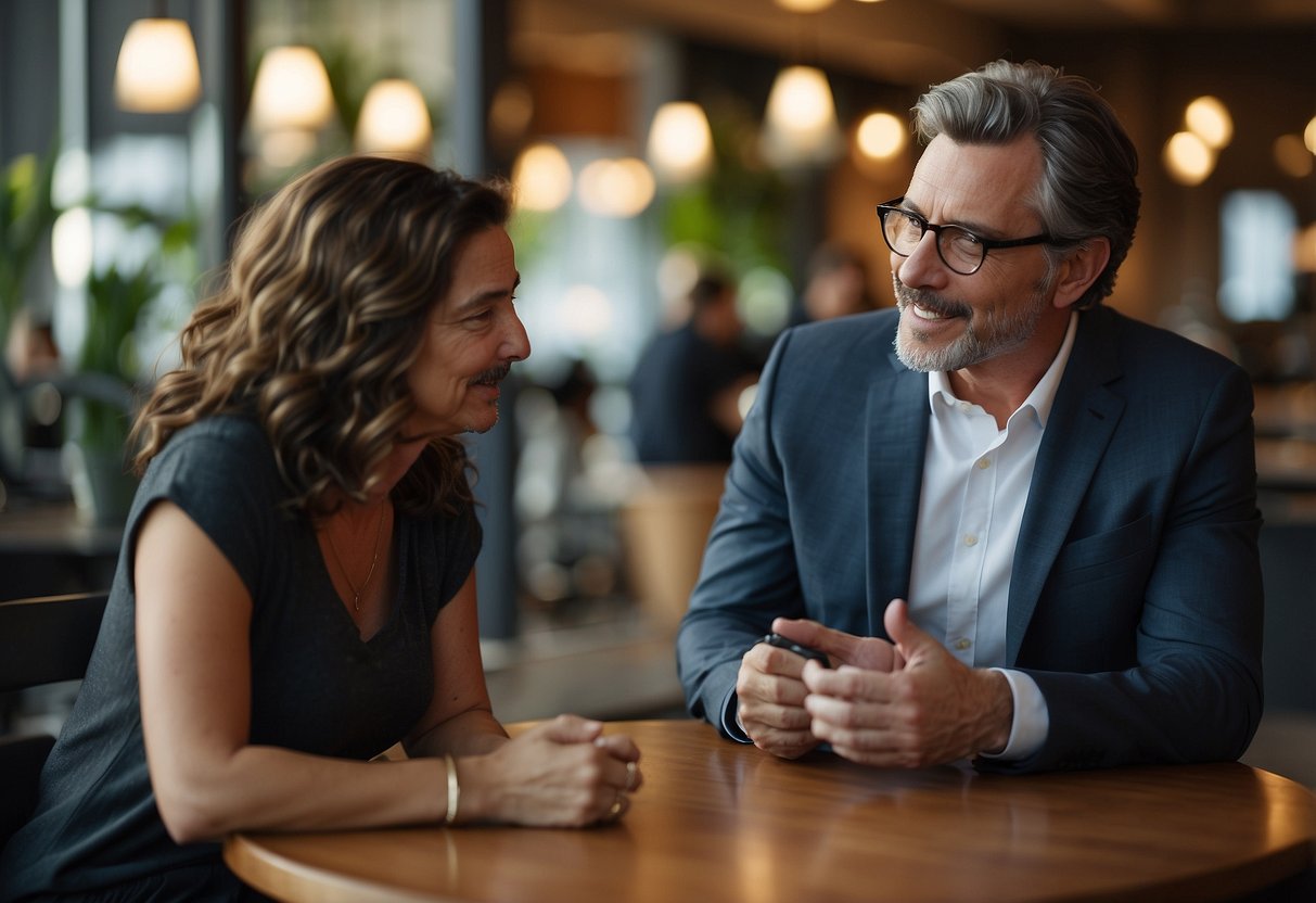 A man and a woman discussing the appropriate age for a 40-year-old woman to date