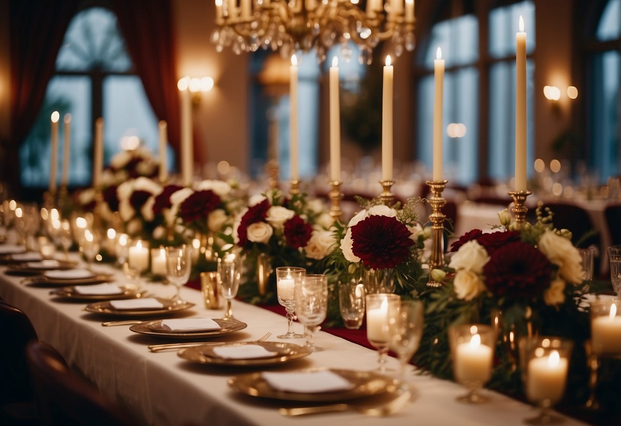 A burgundy-themed wedding reception with floral centerpieces, elegant table settings, and warm lighting