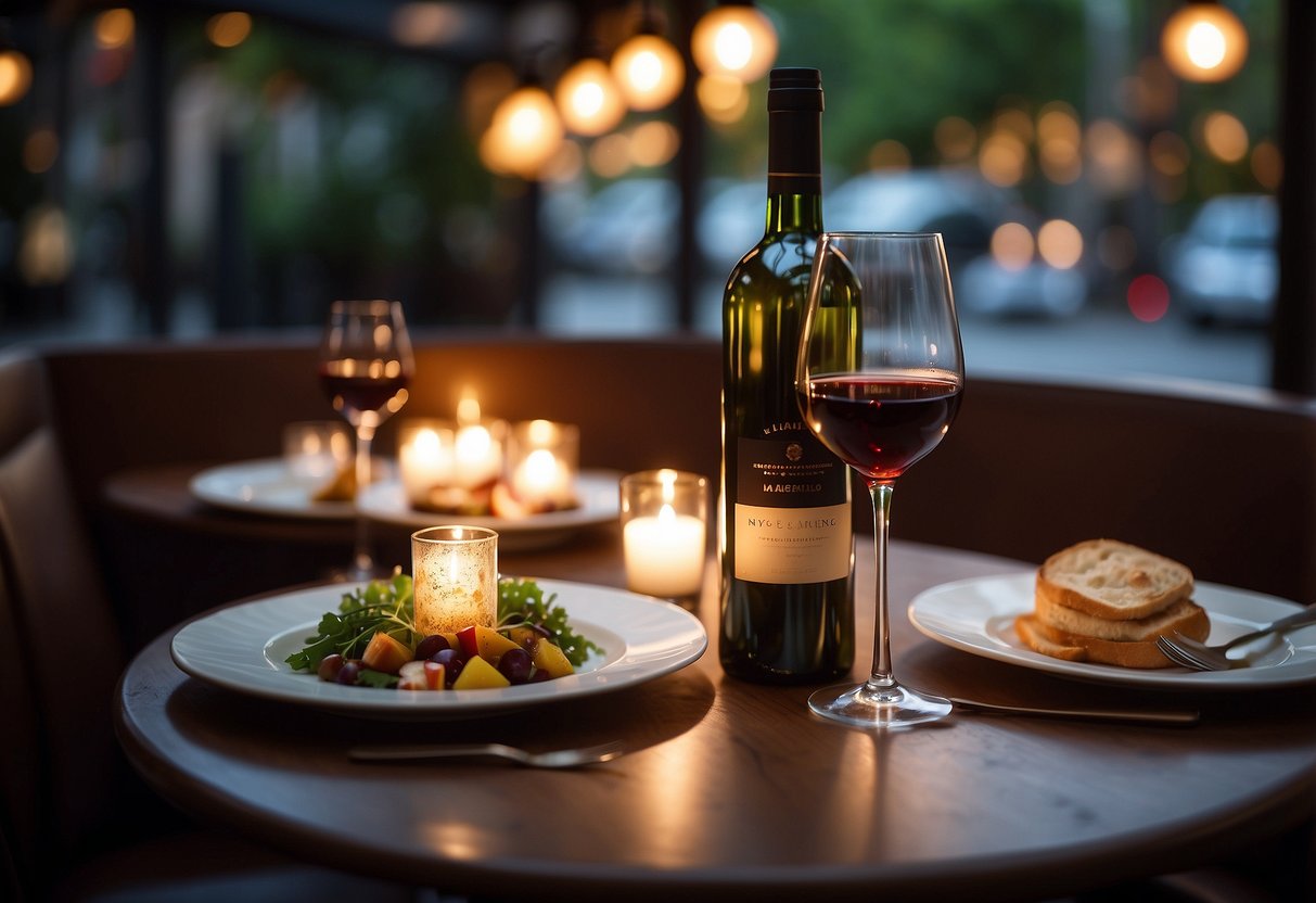 A cozy restaurant with soft lighting, a table set for two, and a bottle of wine. A warm and inviting atmosphere with a hint of romance