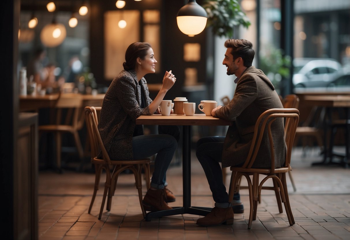 A cozy coffee shop with two figures deep in conversation, one leaning forward attentively while the other gestures animatedly