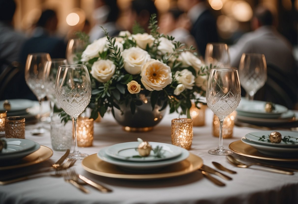 A table set with elegant dinnerware and floral centerpieces, surrounded by happy guests chatting and laughing