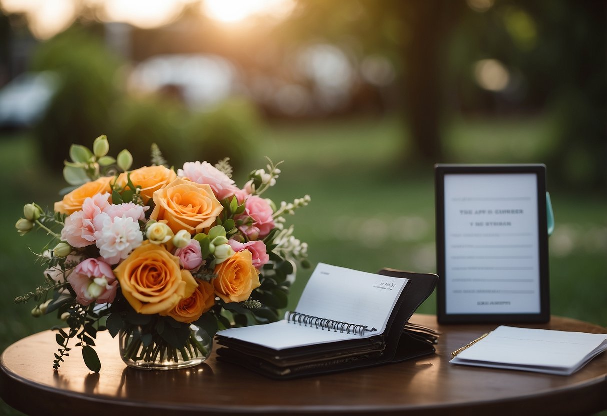 Colorful bridesmaid bouquets arranged on a table, with a checkbook and pen nearby