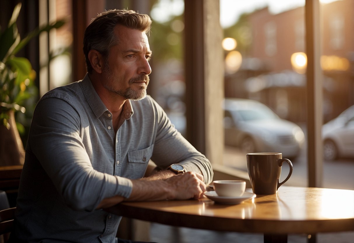 A man in his mid-40s sits at a cafe table, gazing off into the distance with a pensive expression. The sunlight casts a warm glow on his face, creating a sense of contemplation and introspection