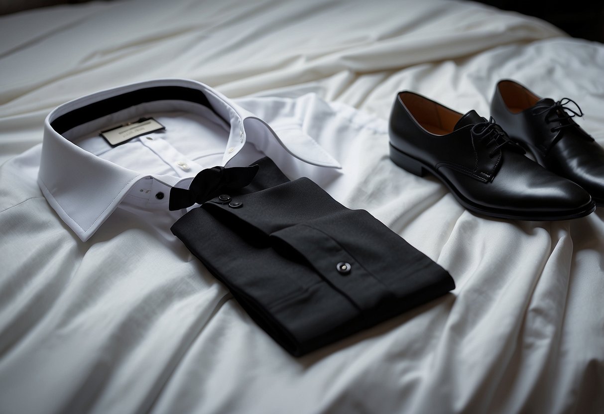 A neatly folded tuxedo jacket and pants, a crisp white dress shirt, and a pair of polished dress shoes laid out on a bed