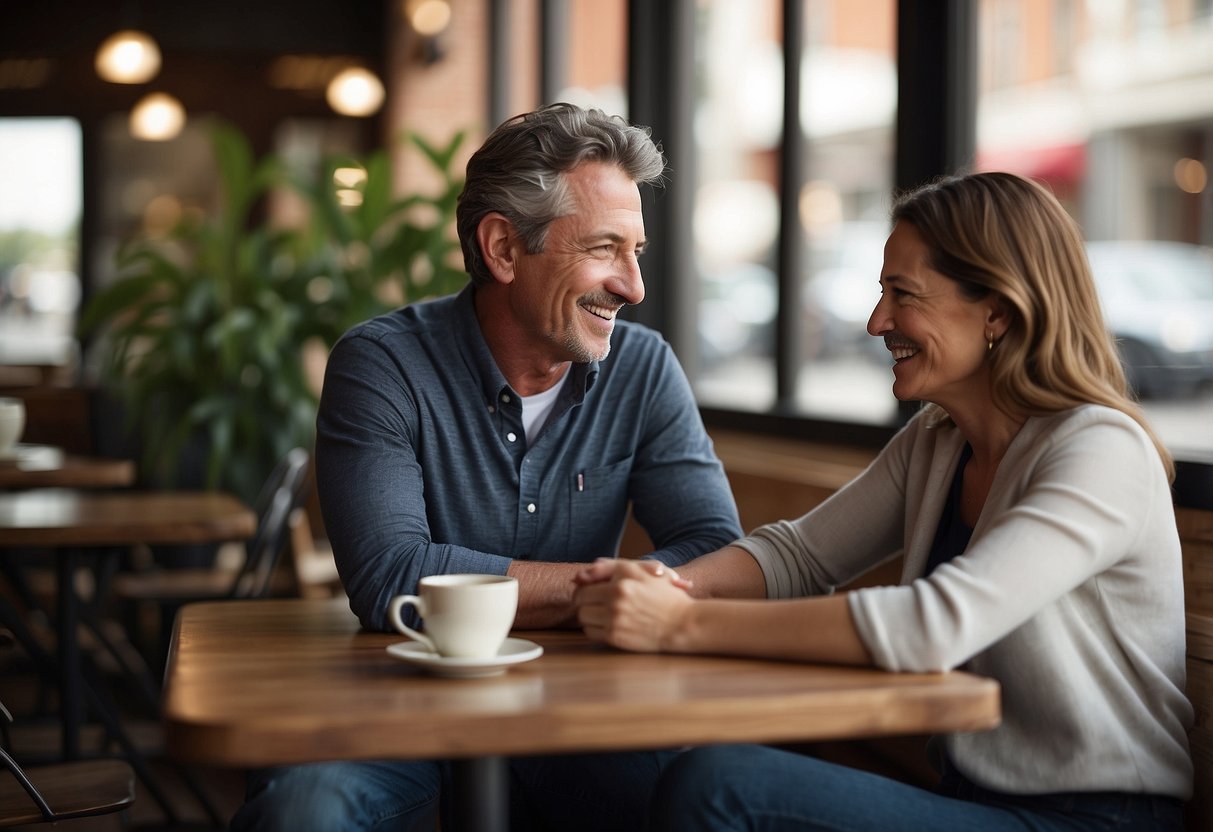 A couple sitting at a cafe, Charles, 53, leaning in to listen as the woman, 40, smiles and gestures while talking