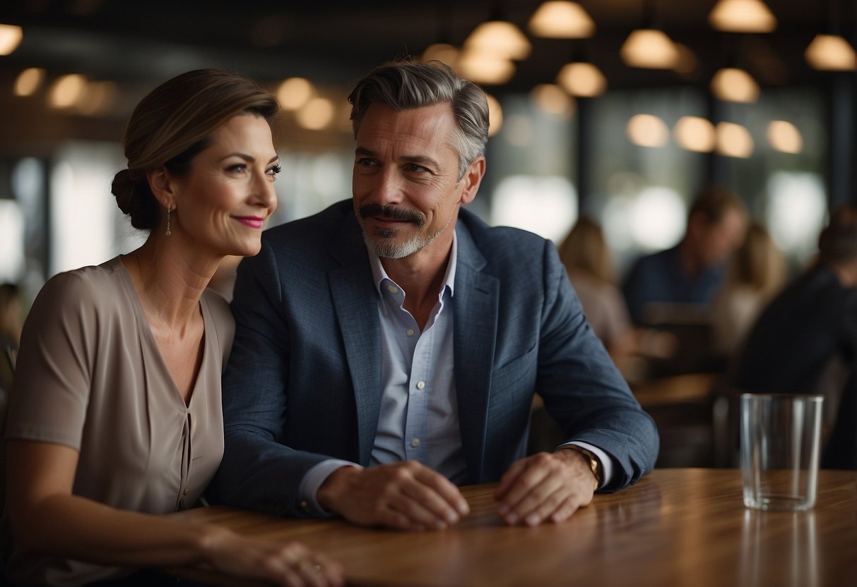 A couple sitting at a table, a man in his 40s looking at a woman, contemplating the ideal age for a 40-year-old woman to date