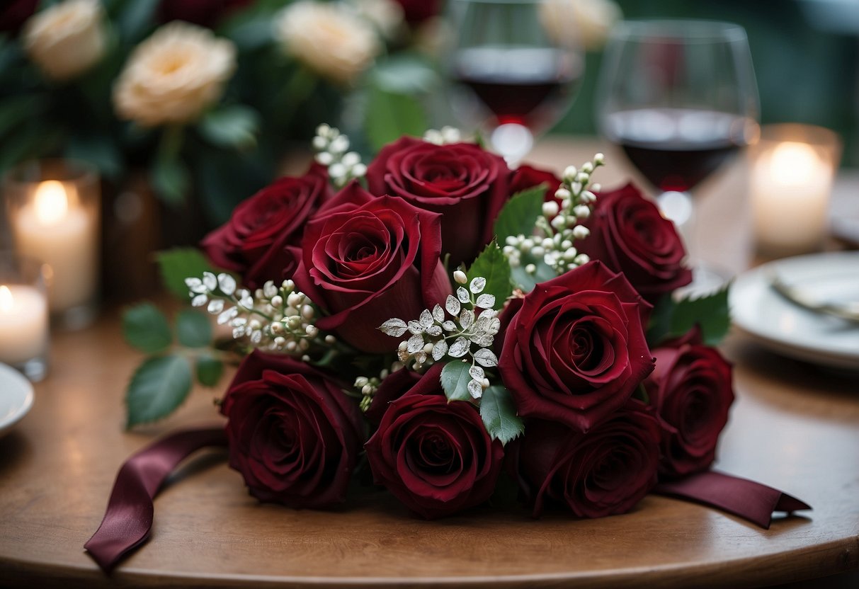 A burgundy ribbon is elegantly tied around a bouquet of deep red roses, adding a romantic touch to a wedding centerpiece