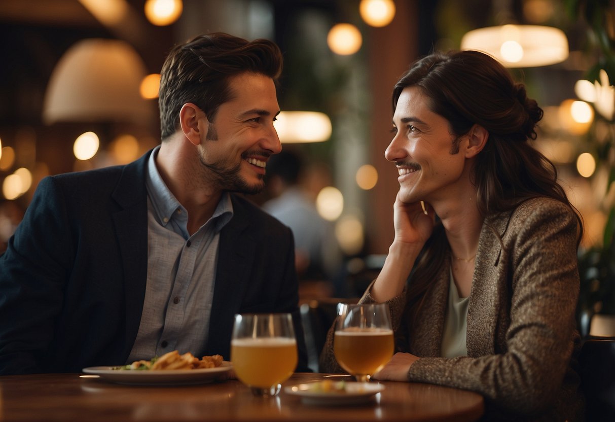 A couple sitting at a table in a cozy restaurant, engaged in deep conversation, with a warm and romantic ambiance