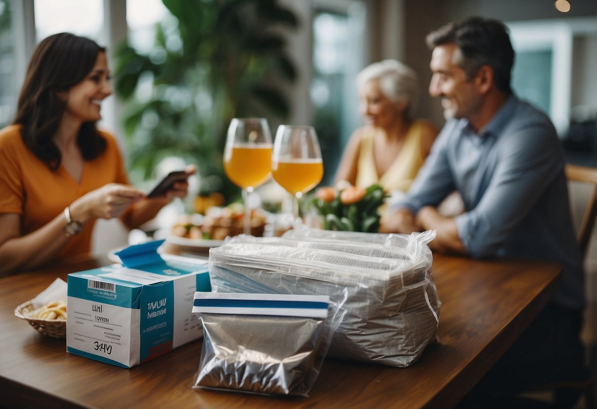 A table with welcome bags, a payment receipt, and a happy couple's parents discussing expenses