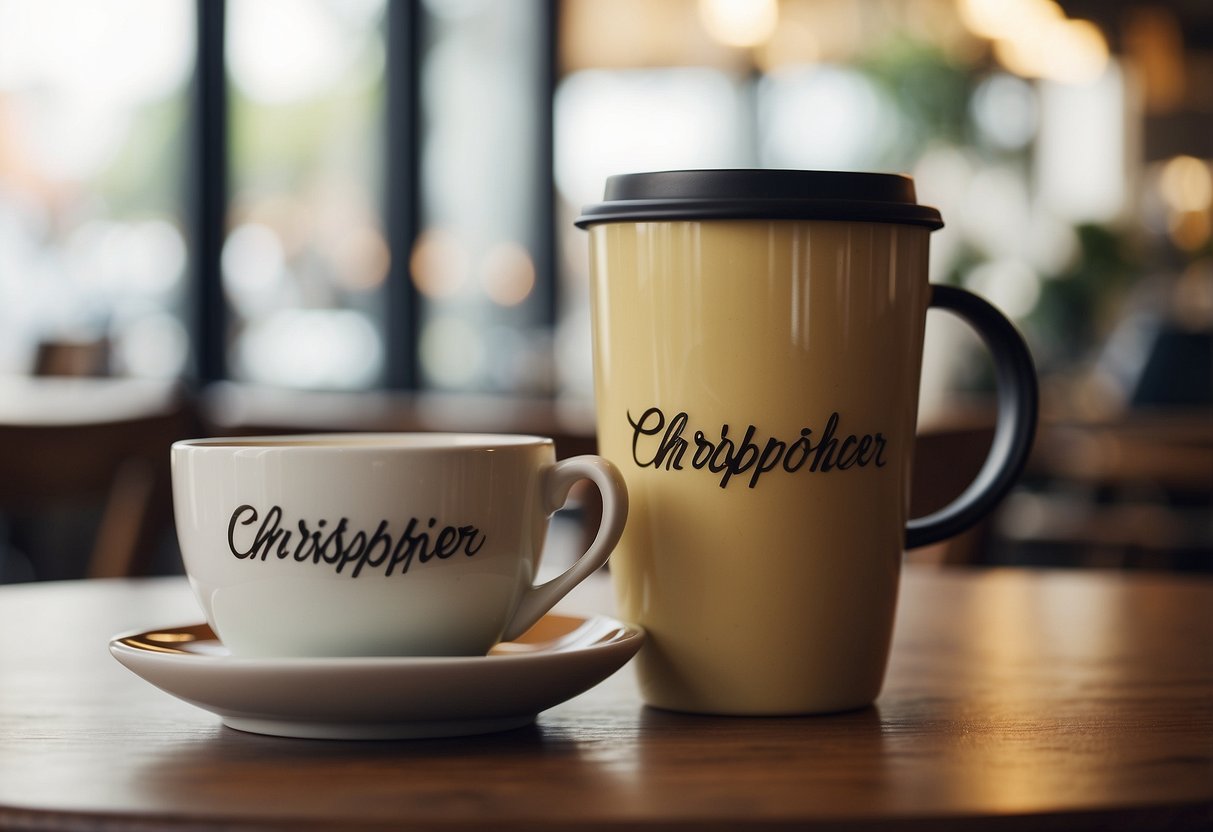 A cozy coffee shop with two cups on a table, one with "Christopher" written on it, and the other with "40" written on it