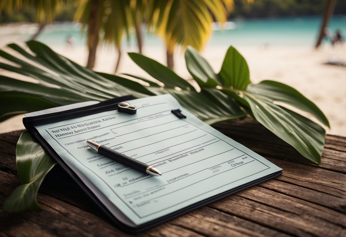 The groom's parents cover honeymoon expenses. A checkbook with a pen, a tropical beach backdrop, and a wedding photo could be included