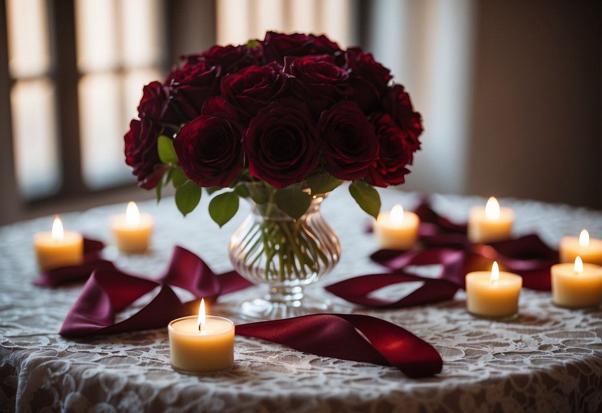 A bouquet of burgundy silk flower petals arranged on a white lace tablecloth, surrounded by flickering candles and vintage lace ribbons