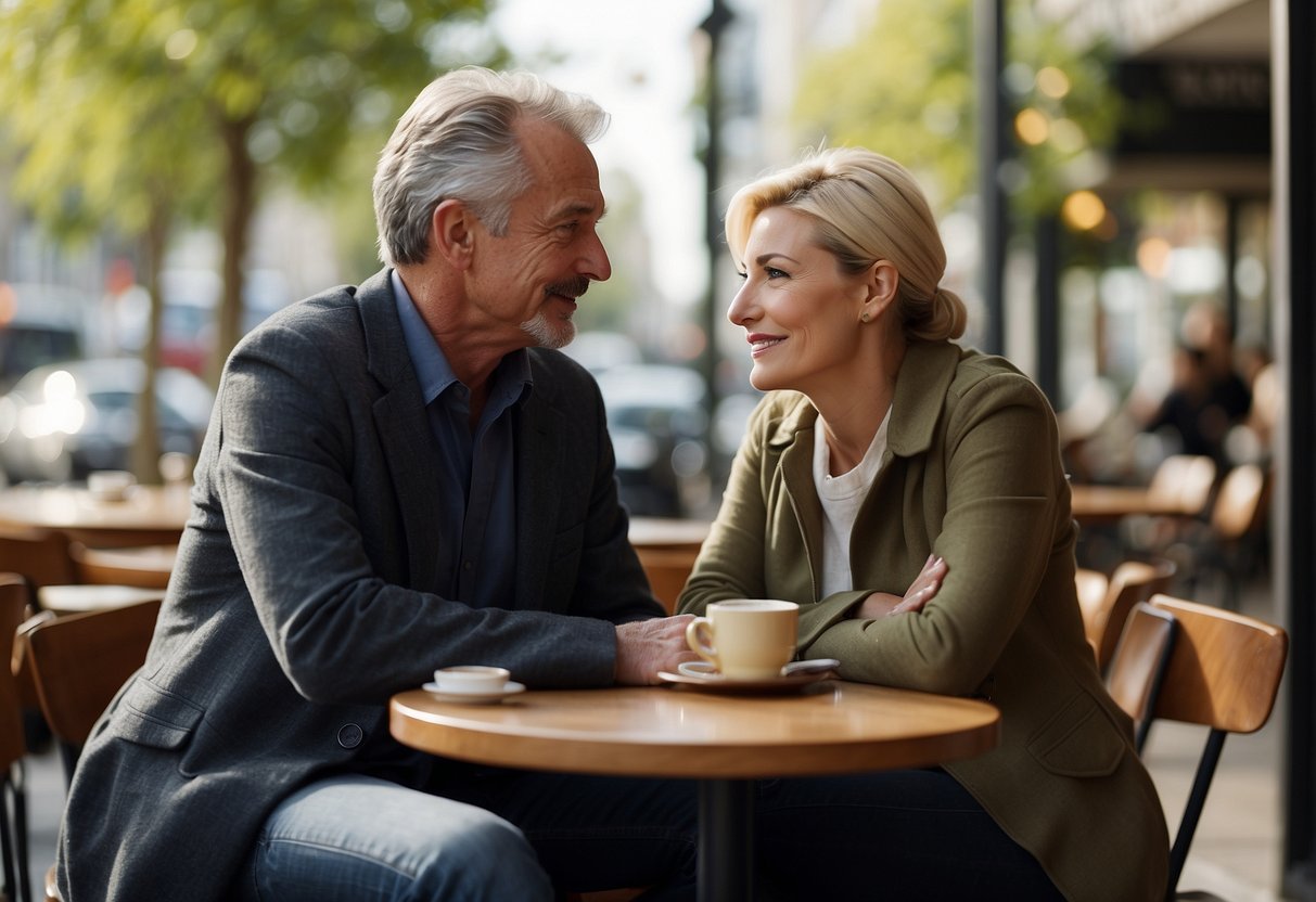 A couple sitting at a cafe, Paul, 57, leaning in to listen to a 40-year-old woman. They are engrossed in conversation, with a warm and relaxed atmosphere