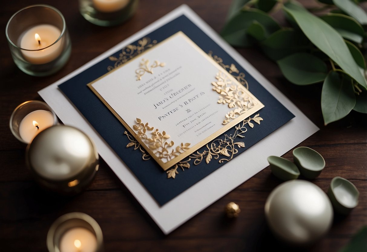 A wedding invitation with modern elements and symbols of financial contributions from the groom's parents