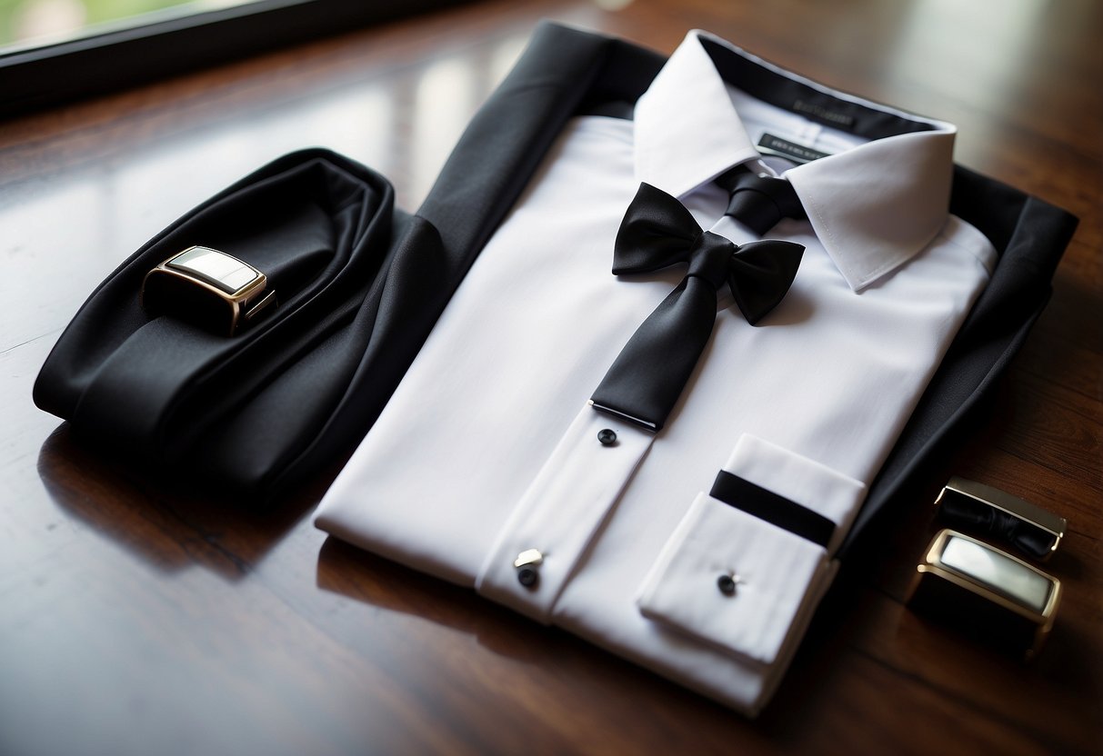 A groom's outfit laid out on a table: black tuxedo, crisp white shirt, silk tie, cufflinks, and polished dress shoes