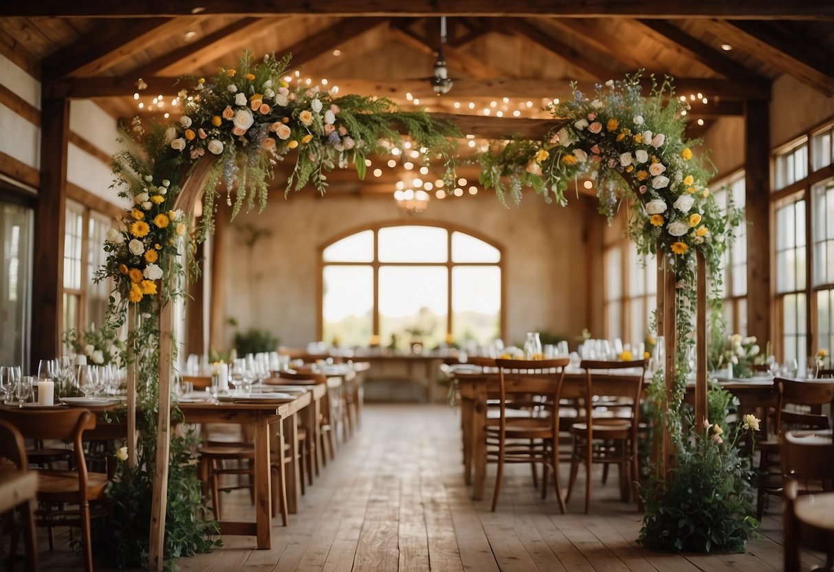 A wooden arch adorned with wildflowers, burlap table runners, mason jar centerpieces, and twinkling string lights hanging from exposed beams