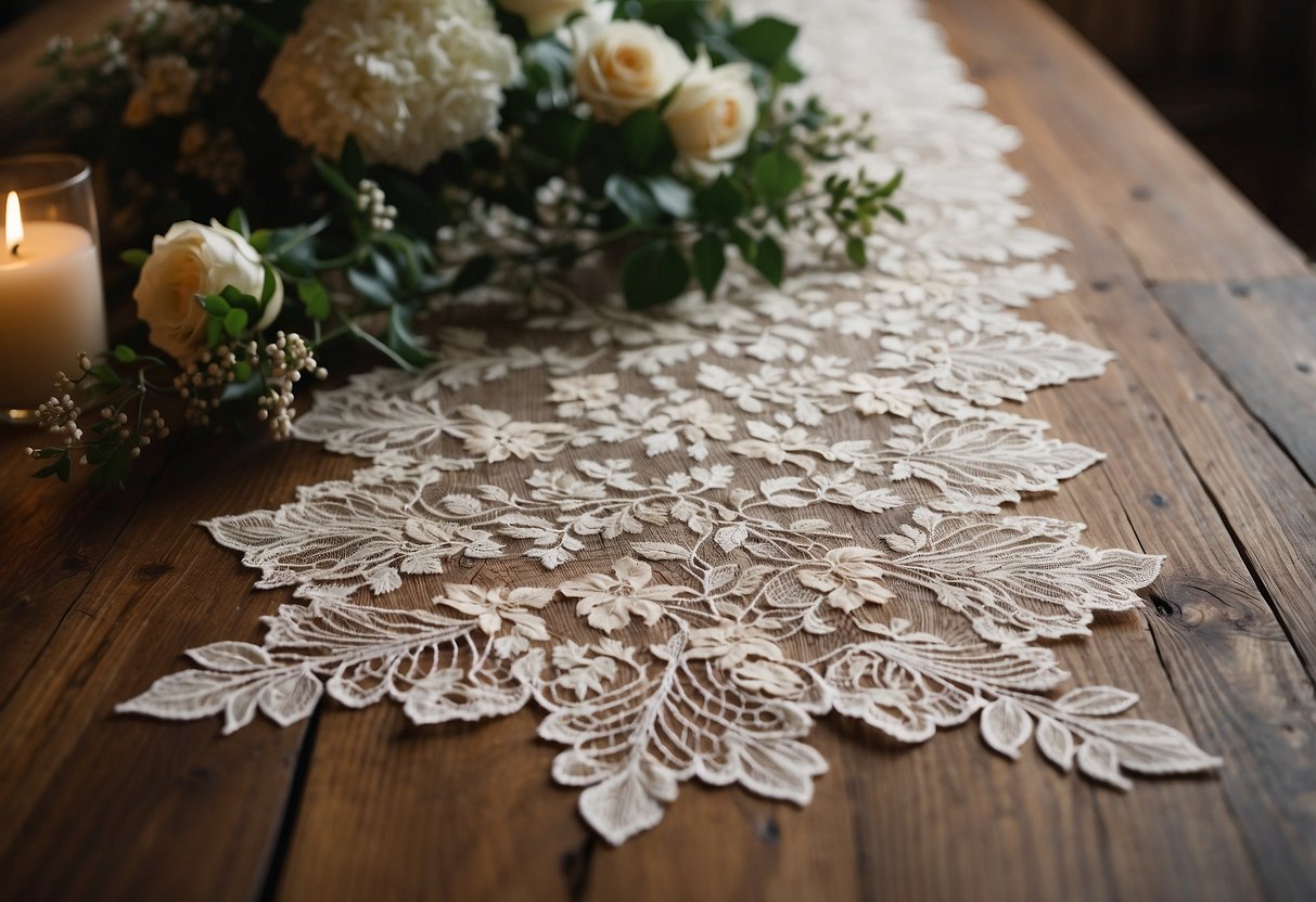 A lace table runner drapes across a wooden table, adorned with delicate floral patterns. It complements the rustic wedding decor, adding a touch of vintage charm to the setting