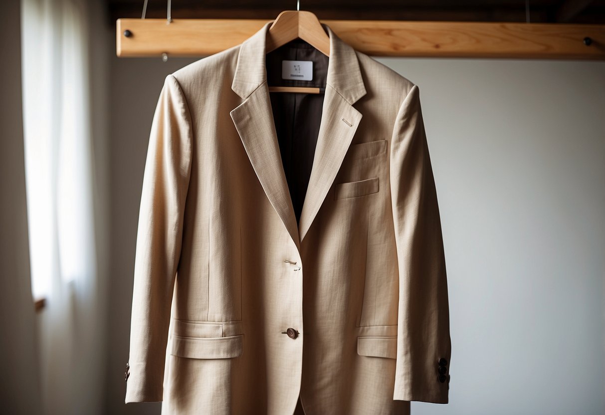 A beige linen suit hangs on a wooden hanger against a white background